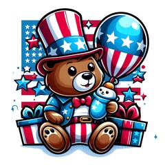 Fototapeta premium Patriotic Teddy Bear with Balloon and Gifts