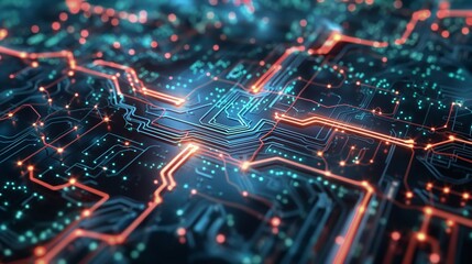Obraz premium Circuit board and microchip technology background. Includes neon lights, electronic pathways, and digital elements. Created in futuristic style with blue and orange palette