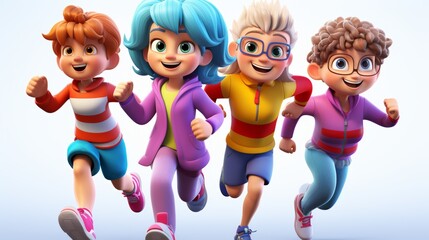 Happy 3d cartoon family with parents, kids, and grandparents running together on white background