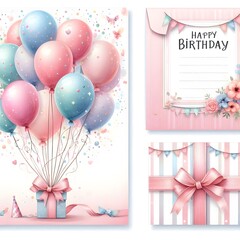 Pink and Blue Balloons with Gift Box and Birthday Card