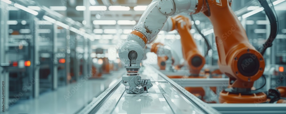 Poster industrial robots in a modern automated factory working on a production line