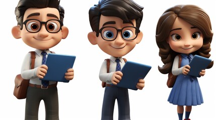 Cheerful cartoon characters using electronic devices isolated on white background