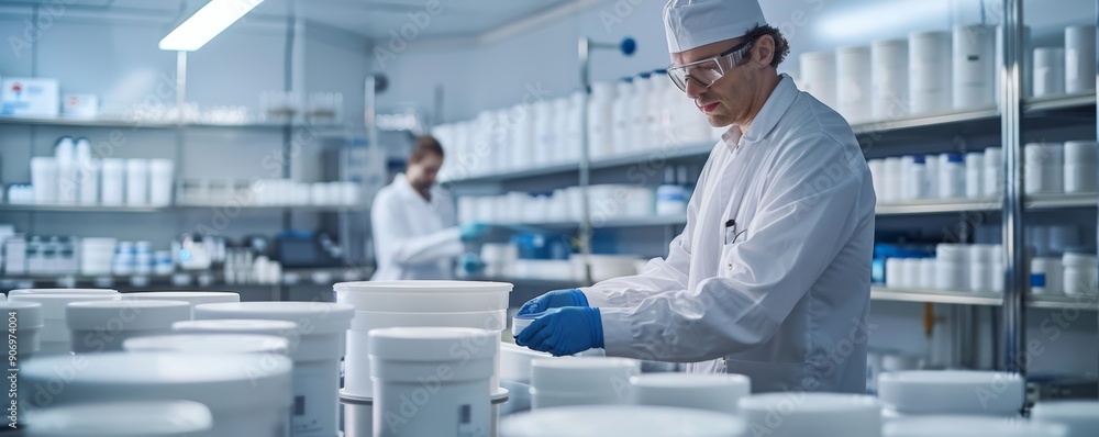 Poster scientists working in a modern laboratory with various containers and lab equipment