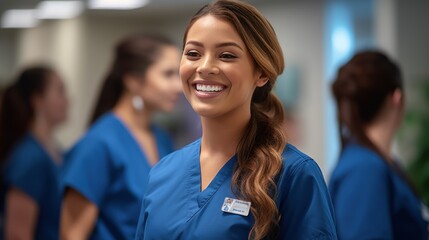 Smiling Female Nurse in Blue Scrubs with Name Tag