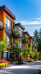Obraz premium Modern apartment buildings on a sunny day with a blue sky. Facade of a modern apartment building