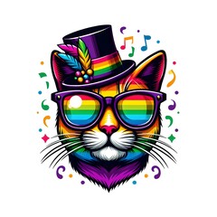 Rainbow Cat in a Top Hat and Sunglasses