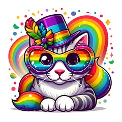 Rainbow Cat in Sunglasses and Hat