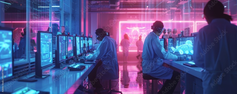 Aufkleber scientists analyzing data on high-tech screens in a futuristic laboratory