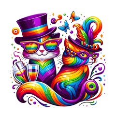 Rainbow Pride Cats in Top Hats and Sunglasses