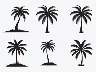 Obraz premium Black Palm Trees Set Isolated On White Background. Palm Silhouettes. Design Of Palm Trees For Posters, Banners, And Promotional Items. Vector Illustration.