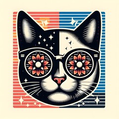 Retro Cat Wearing Sunglasses with Flower Pattern