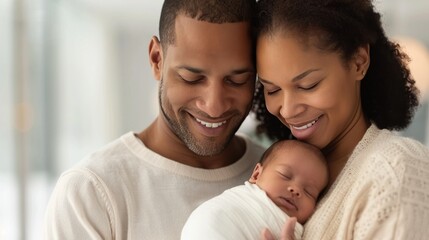 Fototapeta premium New Parents Holding Baby in Cozy Indoor Setting