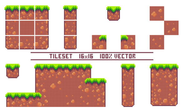 Pixel art tile set for 2d retro game. A set of ground tiles with grass for platformer. Location and landscape constructor. The resolution of the block is 16 x 16 pixels.