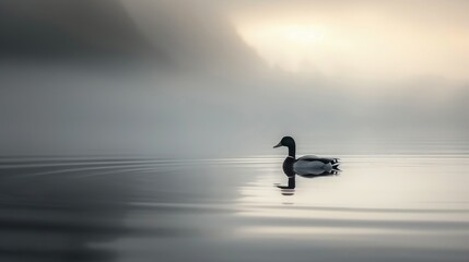 Fototapeta premium Duck Swimming in Calm Waters During Early Morning Fog