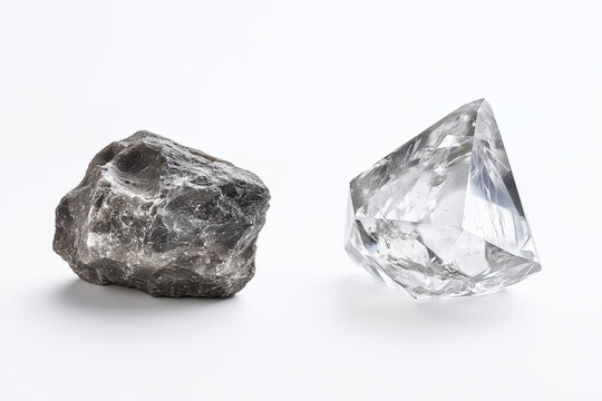 Pedra bruta, e lapidada em um fundo branco