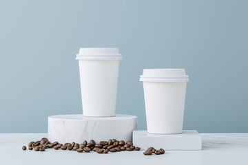 White coffee cup mockup with scattered coffee beans on marble stand, perfect for branding and design