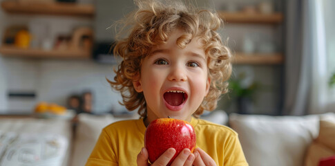 A close-up photo of a boy with an apple in his hands. The concept of healthy eating.