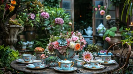 Naklejka premium Elegant floral tea set placed on a garden table along with small potted plants, against a blurred garden background. Copy space