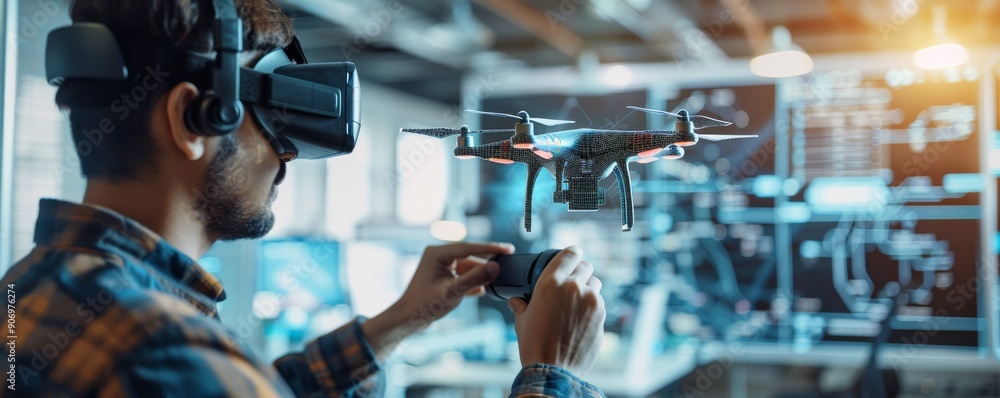 Aufkleber man using virtual reality headset to control drone in modern high-tech office