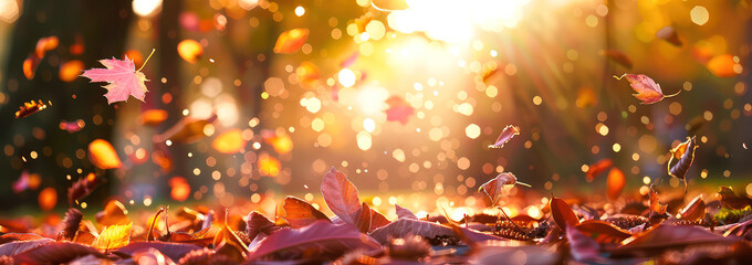 Scenic autumn, fall landscape with falling colorful leaves, foliage of trees, sunlight. Pink mockup with bokeh, lights, blurred background,copy space. Generative ai