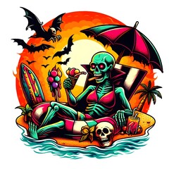 Skeleton enjoying summer vacation on the beach