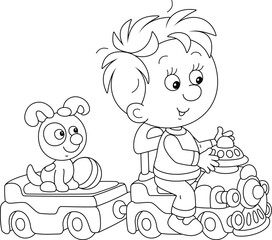 Happy little boy playing with his cheerful small puppy and riding on a toy train, black and white outline vector cartoon illustration for a coloring book