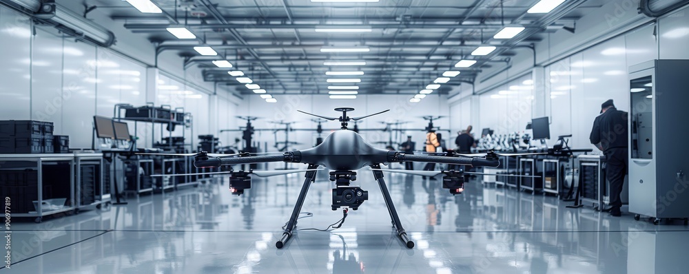 Poster high-resolution minimalist image of a drone in a tech laboratory