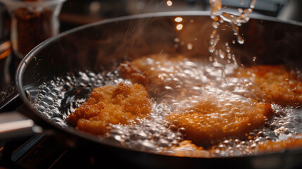 A golden pork chop is frying intensely in a pan, its crust getting crispier with every passing moment.