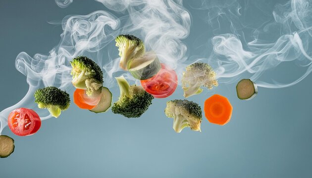 Chef toss freshly cooked steamed vegetables in the air, showcasing their vibrant colors and delicious flavors. Perfect for vegetarians and veg lovers who enjoy healthy, gourmet meals