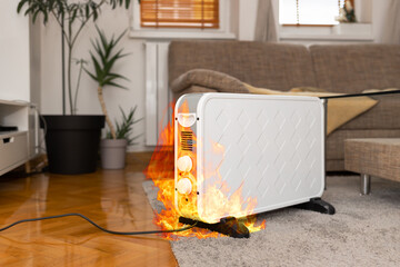 Burning electrical heater standing in middle of the room. Fire inside house. An accident during the...