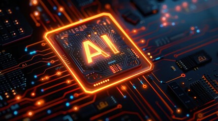 A close up of a computer chip with the letters AI on it, Computer chip digital circuit with the letters AI on it, the chip is black and orange