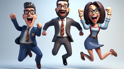 Cheerful 3d cartoon businessman and businesswoman celebrating success on white background