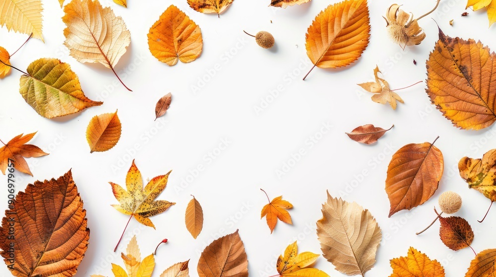 Poster autumn foliage elements isolated on white background overhead view with copy space ideal for instagr