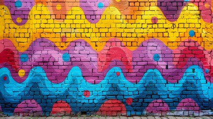 Fototapeta premium Vibrant street art of colorful waves and shapes on a brick wall, showcasing urban creativity. The dynamic patterns and bold colors reflect the artistic expression and energy of city life.