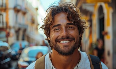 Fototapeta premium The casual video blogger man is smiling at the camera while taking a selfie.