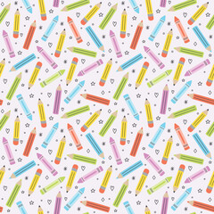 Cute school background with hand drawn crayons. Seamless patten design. Vector illustration
