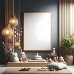 Minimalist Zen Interior Design with Mockup Canvas and Decorative Elements