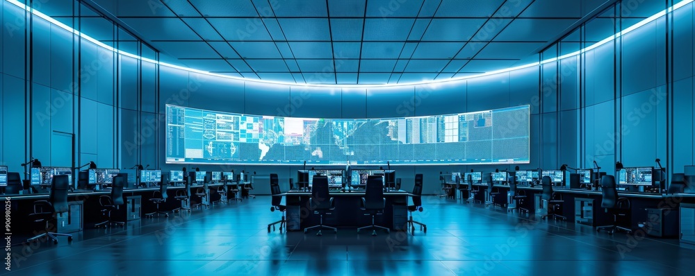 Poster high-tech control room with futuristic design and large screen displaying data