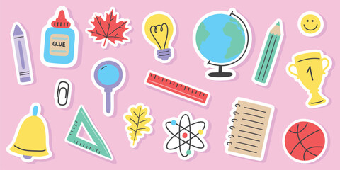 Cartoon school icon set. Colourful stickers. Vector illustration