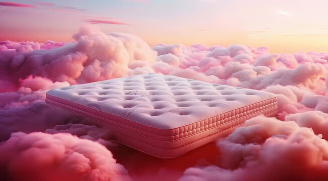A luxurious mattress appears to float among soft, pink clouds, evoking feelings of comfort and relaxation in a dreamy, surreal environment.