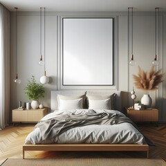 Modern Bedroom Interior with Large Blank Canvas and Wooden Bed