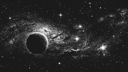 Lonely planet in deep space on beautiful starry nebula background in stippling style. Mysterious alien exoplanet in outer space. Retro styled dotwork. Pointillism. Dots shading. Vector illustration © 3d_kot