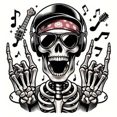 Skull Rocker Listening to Music with Headphones and Guitar