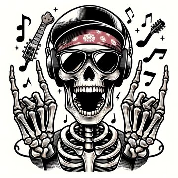 Skull Rocker Listening to Music with Headphones and Guitar