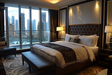 Modern hotel room with a luxurious and elegant interior