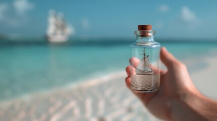 Obraz premium Hand Holding Glass Bottle With Sailboat on Beach at Sunny Seaside