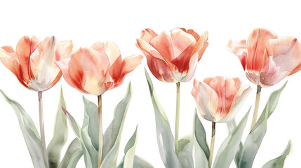 Watercolor botanical illustration of tulips using layering (glazing), soft pastel blending, white background