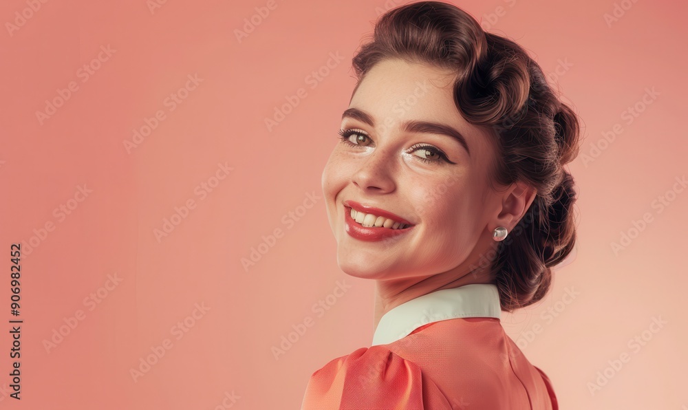 Wall mural Smiling woman in vintage 60s style with pink sunglasses. Free copy space for text.