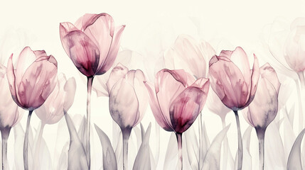 Watercolor botanical illustration of tulips with gradient washes, seamless transitions, dreamy and soft, light background