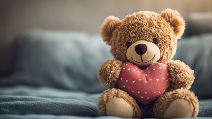 Obraz premium Teddy Bear's Tender Embrace: A cuddly brown teddy bear clutches a heart pillow, radiating warmth and affection. Perfect for love, childhood, and comfort themes. 